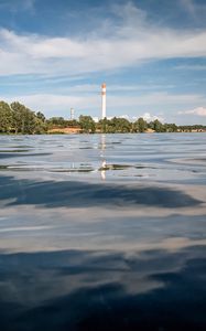 Preview wallpaper water, waves, lighthouse, tower, trees, landscape