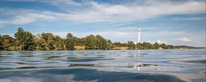 Preview wallpaper water, waves, lighthouse, tower, trees, landscape