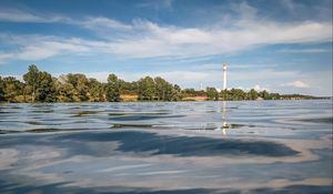 Preview wallpaper water, waves, lighthouse, tower, trees, landscape