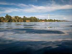 Preview wallpaper water, waves, lighthouse, tower, trees, landscape