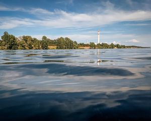 Preview wallpaper water, waves, lighthouse, tower, trees, landscape