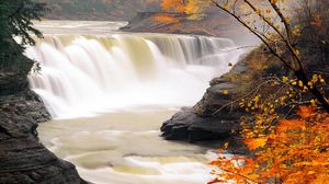 Preview wallpaper waterfall, autumn leaves, for