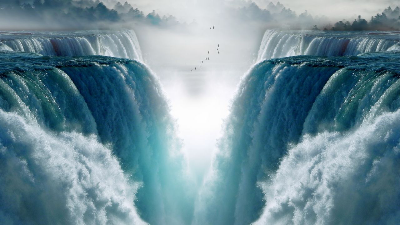 Wallpaper waterfall, birds, fog, cliff, water