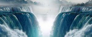 Preview wallpaper waterfall, birds, fog, cliff, water