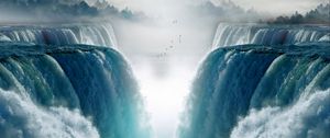 Preview wallpaper waterfall, birds, fog, cliff, water