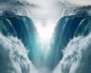 Preview wallpaper waterfall, birds, fog, cliff, water