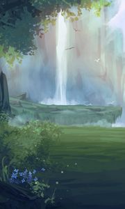 Preview wallpaper waterfall, birds, forest, fantasy, art