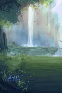 Preview wallpaper waterfall, birds, forest, fantasy, art