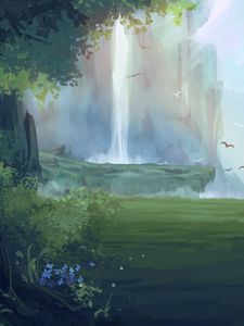 Preview wallpaper waterfall, birds, forest, fantasy, art