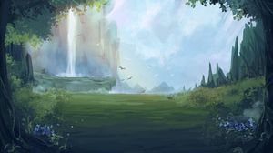 Preview wallpaper waterfall, birds, forest, fantasy, art
