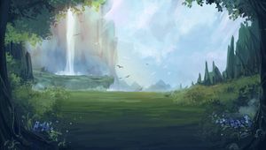 Preview wallpaper waterfall, birds, forest, fantasy, art