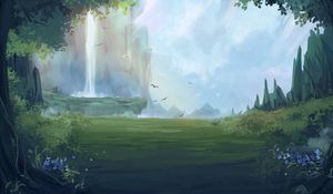 Preview wallpaper waterfall, birds, forest, fantasy, art