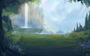 Preview wallpaper waterfall, birds, forest, fantasy, art