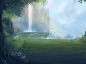 Preview wallpaper waterfall, birds, forest, fantasy, art