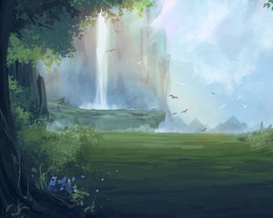 Preview wallpaper waterfall, birds, forest, fantasy, art
