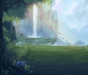 Preview wallpaper waterfall, birds, forest, fantasy, art