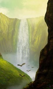 Preview wallpaper waterfall, birds, rocks, art