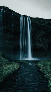 Preview wallpaper waterfall, body of water, water, rock, nature, landscape