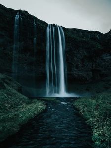 Preview wallpaper waterfall, body of water, water, rock, nature, landscape