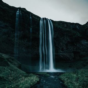 Preview wallpaper waterfall, body of water, water, rock, nature, landscape