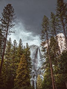 Preview wallpaper waterfall, bottom view, rocks, forest