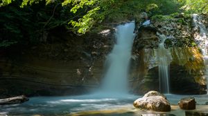 Preview wallpaper waterfall, branch, stones, trees