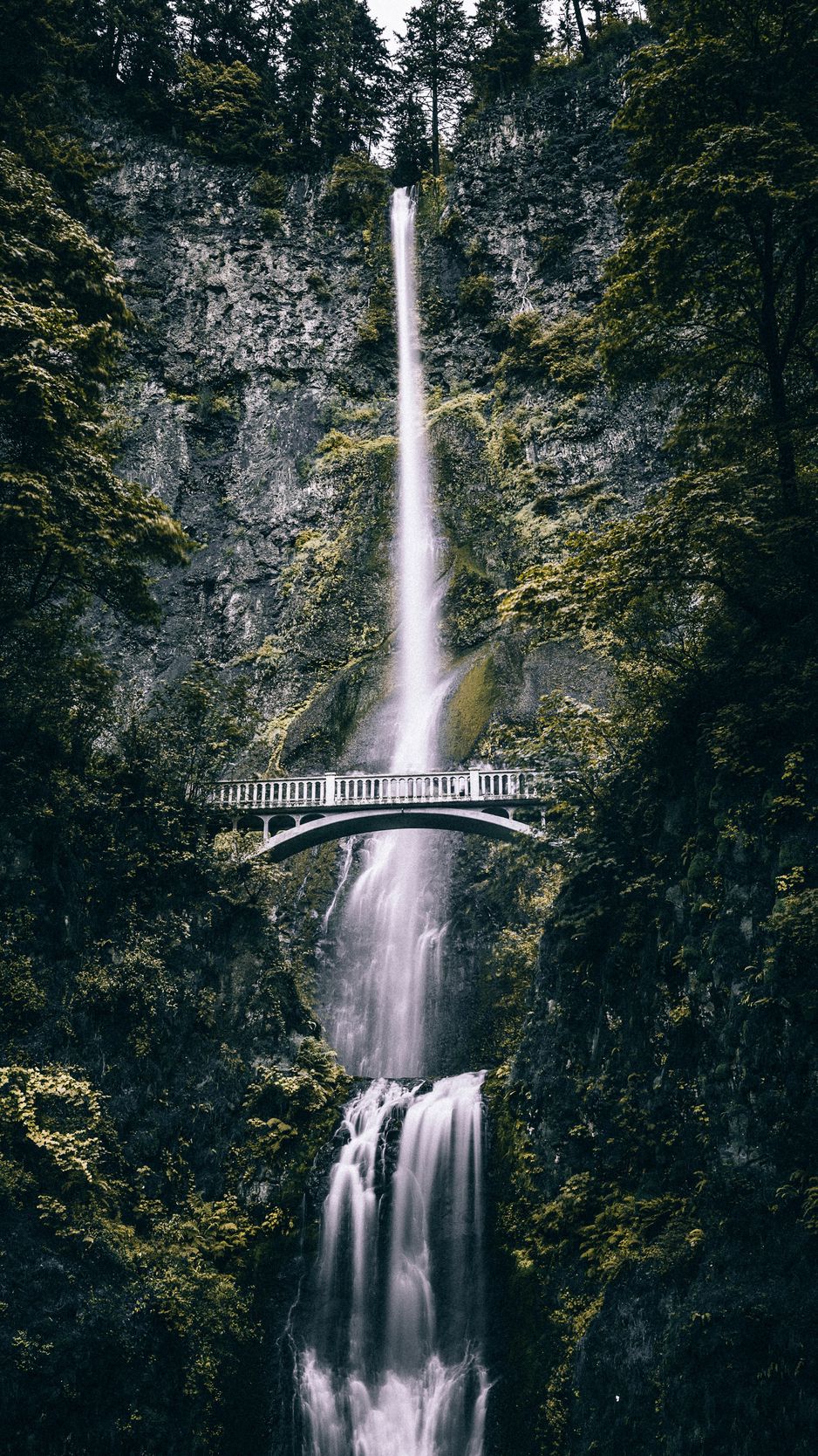 Download wallpaper 938x1668 waterfall, bridge, rock, cliff, nature ...