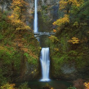 Preview wallpaper waterfall, bridge, rock, trees, bushes