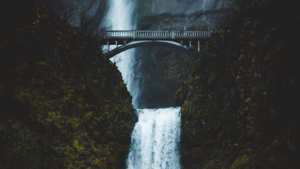 Wallpaper waterfall, bridge, rock, water