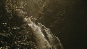 Preview wallpaper waterfall, bushes, fog, river, nature