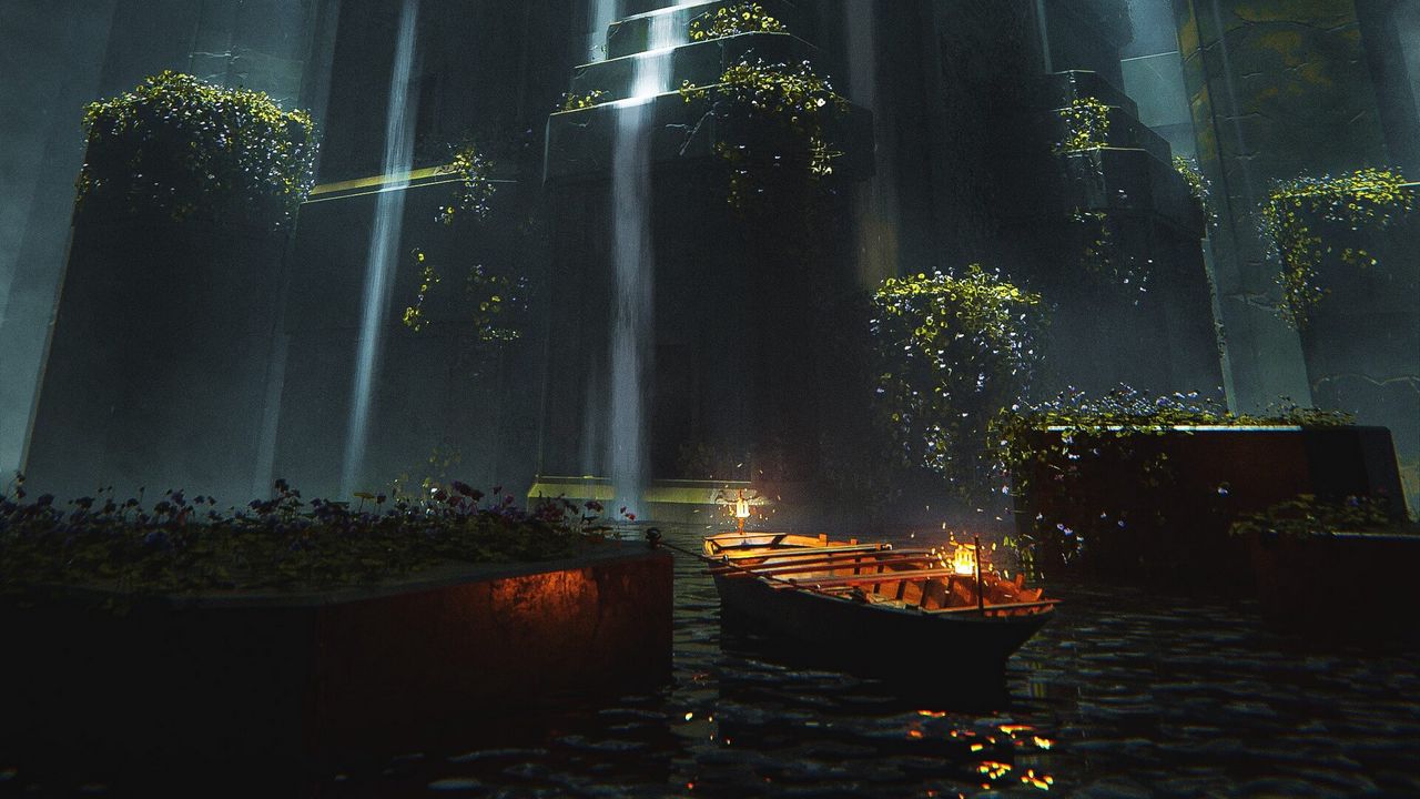 Wallpaper waterfall, cascade, boat, water, light