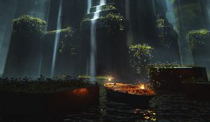 Preview wallpaper waterfall, cascade, boat, water, light