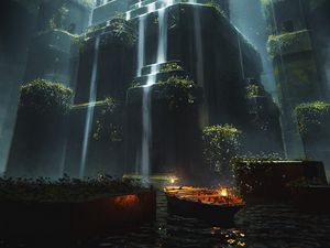 Preview wallpaper waterfall, cascade, boat, water, light