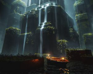 Preview wallpaper waterfall, cascade, boat, water, light