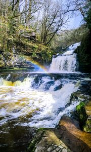 Preview wallpaper waterfall, cascade, rainbow, trees
