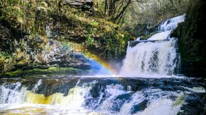 Preview wallpaper waterfall, cascade, rainbow, trees