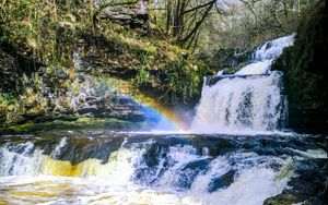 Preview wallpaper waterfall, cascade, rainbow, trees