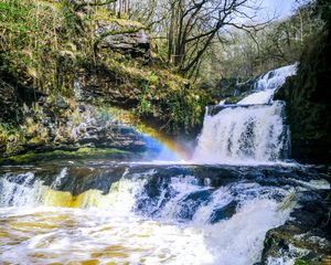 Preview wallpaper waterfall, cascade, rainbow, trees