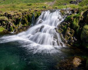 Preview wallpaper waterfall, cascade, stones, grass