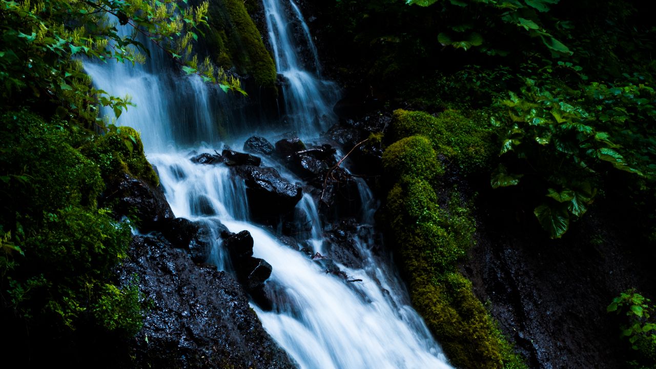 Wallpaper waterfall, cascade, stones, moss, nature