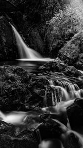 Preview wallpaper waterfall, cascade, stones, trees, black and white