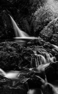 Preview wallpaper waterfall, cascade, stones, trees, black and white