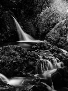 Preview wallpaper waterfall, cascade, stones, trees, black and white