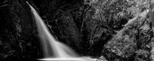 Preview wallpaper waterfall, cascade, stones, trees, black and white