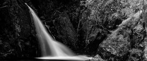 Preview wallpaper waterfall, cascade, stones, trees, black and white