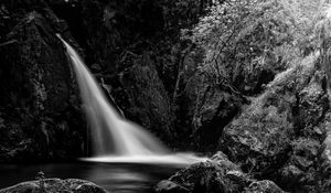 Preview wallpaper waterfall, cascade, stones, trees, black and white