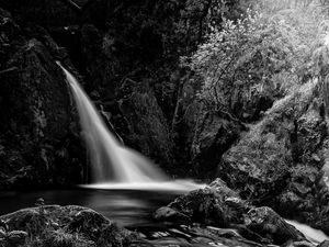 Preview wallpaper waterfall, cascade, stones, trees, black and white