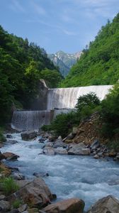 Preview wallpaper waterfall, cascade, water, mountains, landscape, nature