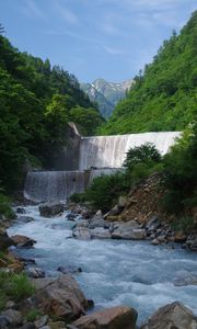 Preview wallpaper waterfall, cascade, water, mountains, landscape, nature