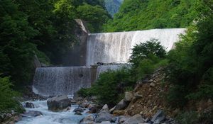 Preview wallpaper waterfall, cascade, water, mountains, landscape, nature